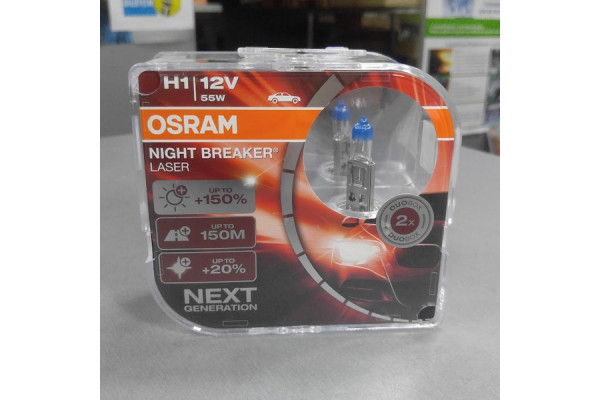 Лампа фарная H1 12V 55W P14,5s, 2 шт. DUOBOX  (пр-во OSRAM) NIGHT BREAKER LASER +150